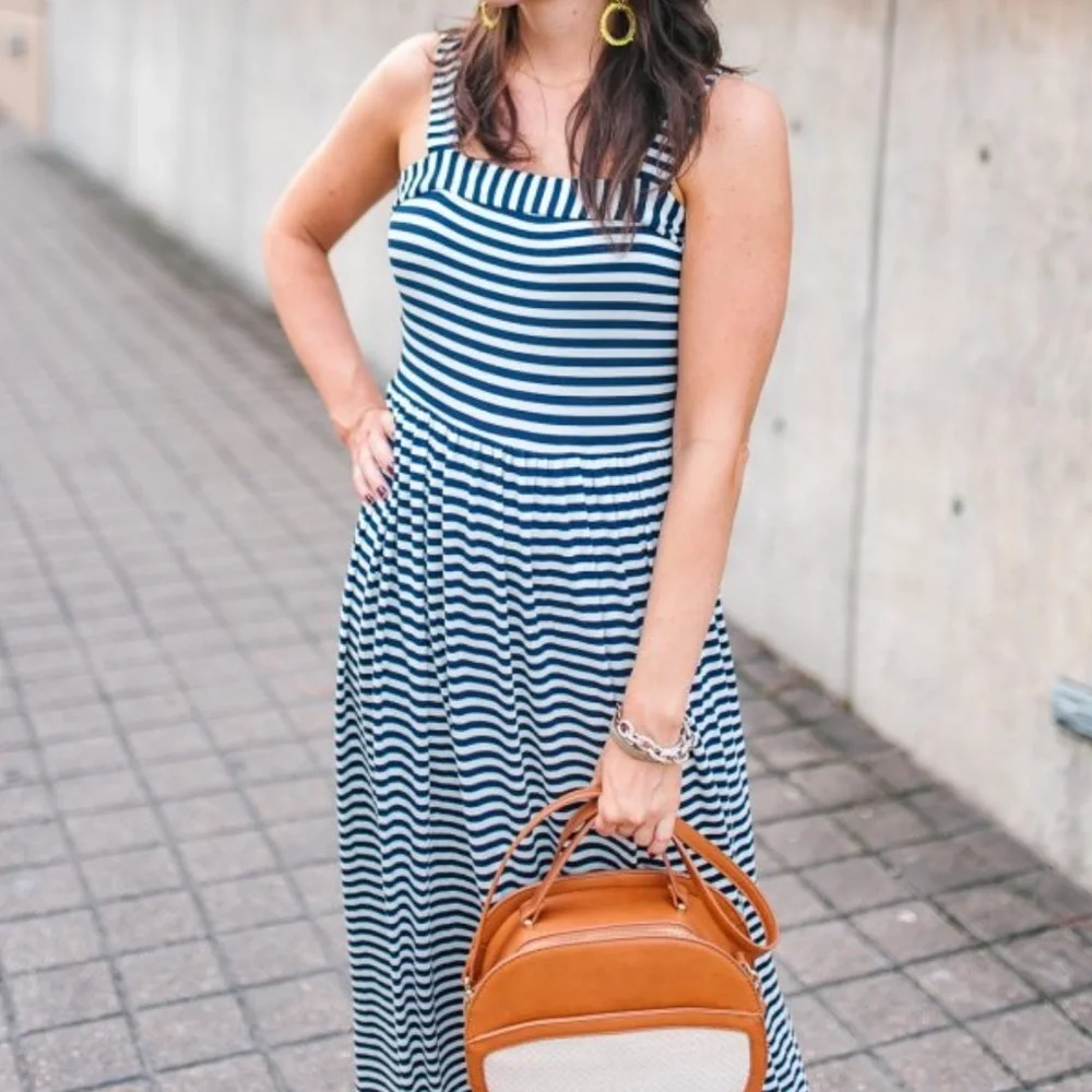 LOFT blue white striped maxi‎ dress Sz M